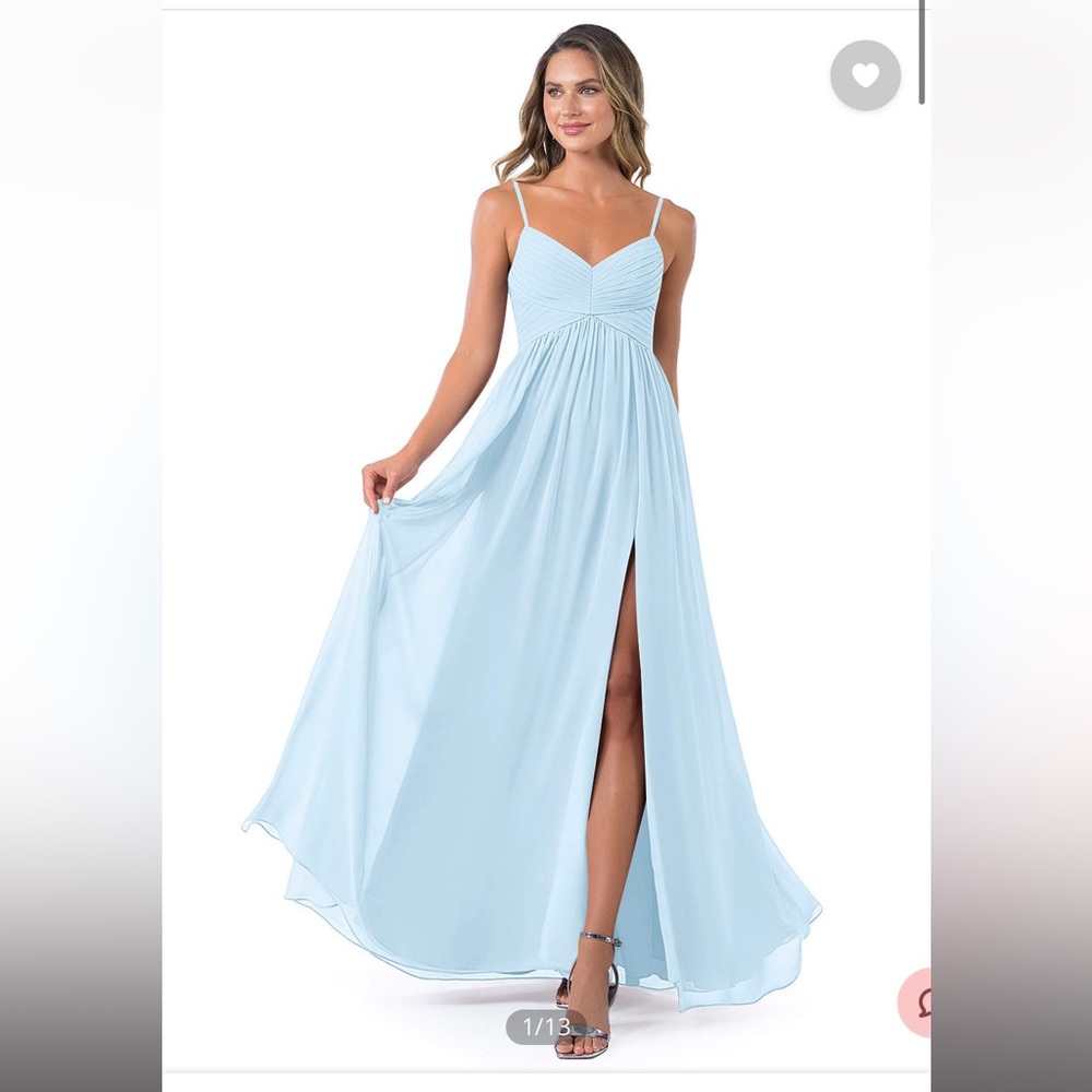 AZAZIE ALIA: A-Line Pleated Chiffon Floor-Length Dress Sky Blue